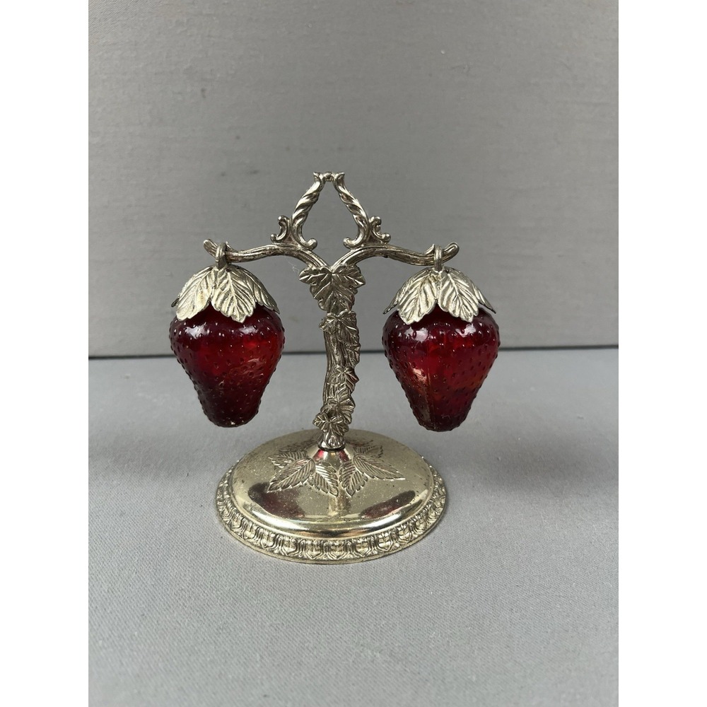 Vintage Kitschy 1950s Glass Strawberry Salt & Pepper Shakers w/ Silver Stand - Picture 3 of 12